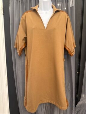 Emily McCarthy camel polo dress shift faux leather stripe women’s XS